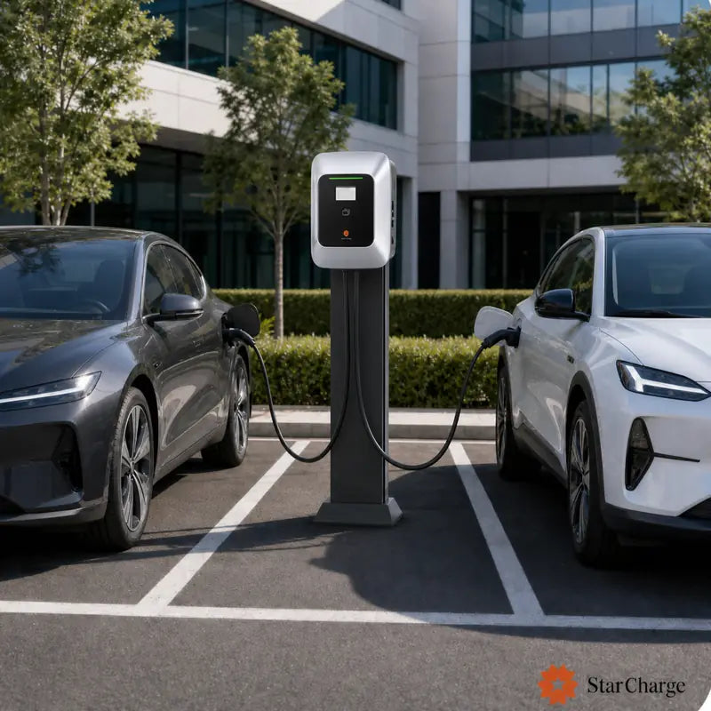 Saturn dual commercial AC charger serving two EVs at a workplace