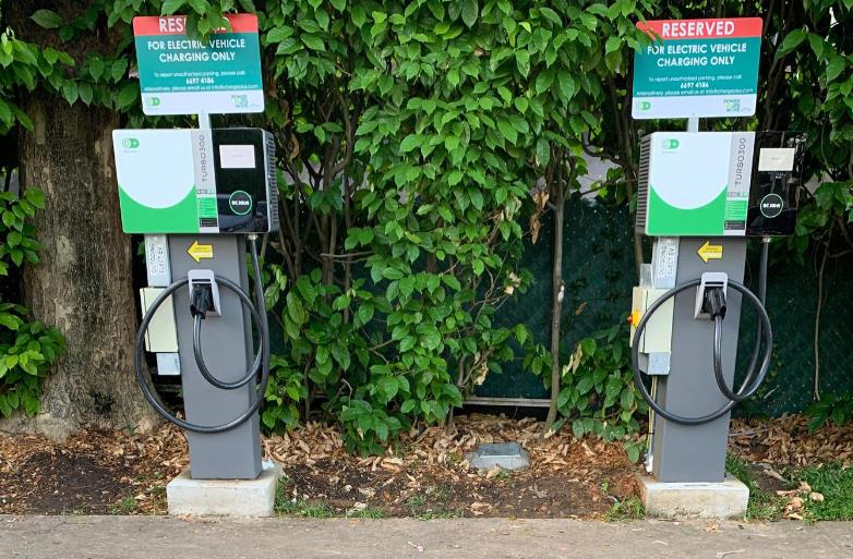 Two charging points serving dedicated outdoor EV parking bays.