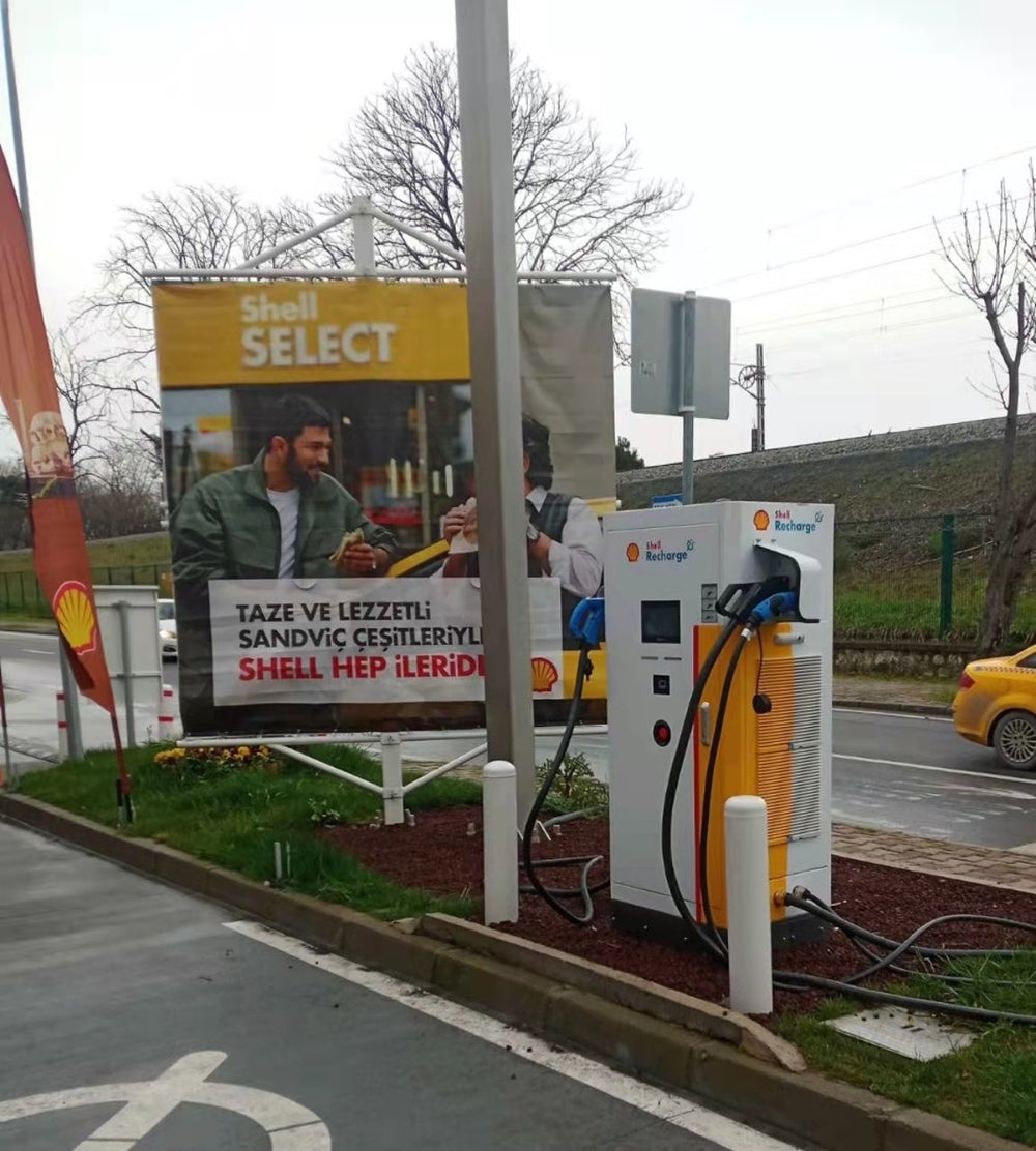 An EV charging installation beside a roadside service location.
