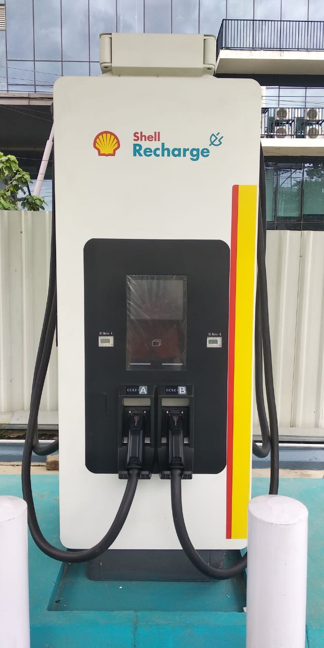 A front view of the installed charging unit and its connectors.