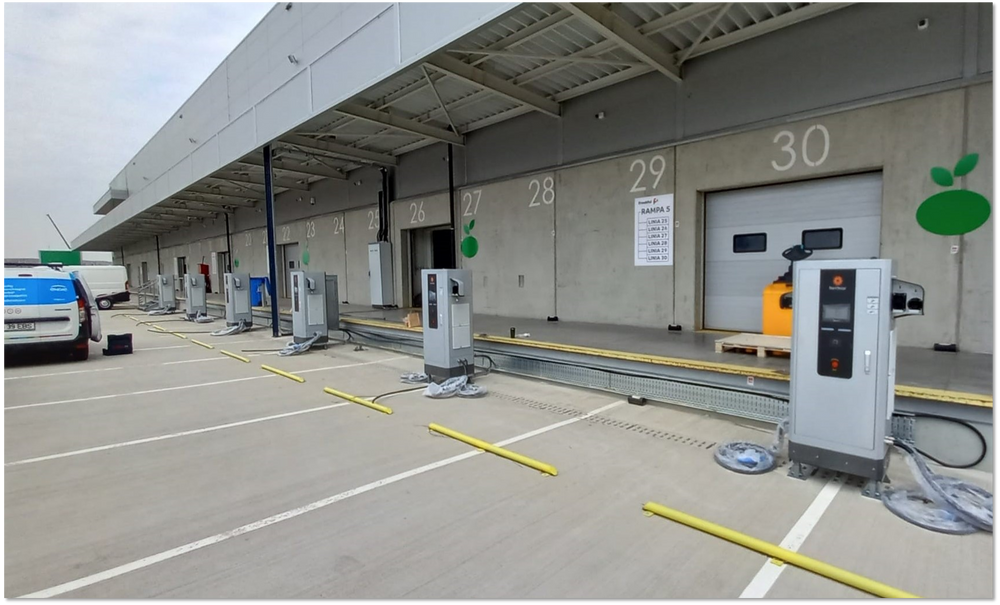 EV chargers installed beside loading bays in Romania