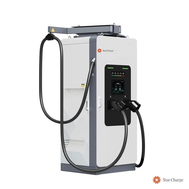 Titan high-power DC fast charger with StarCharge logo, opposite three-quarter view
