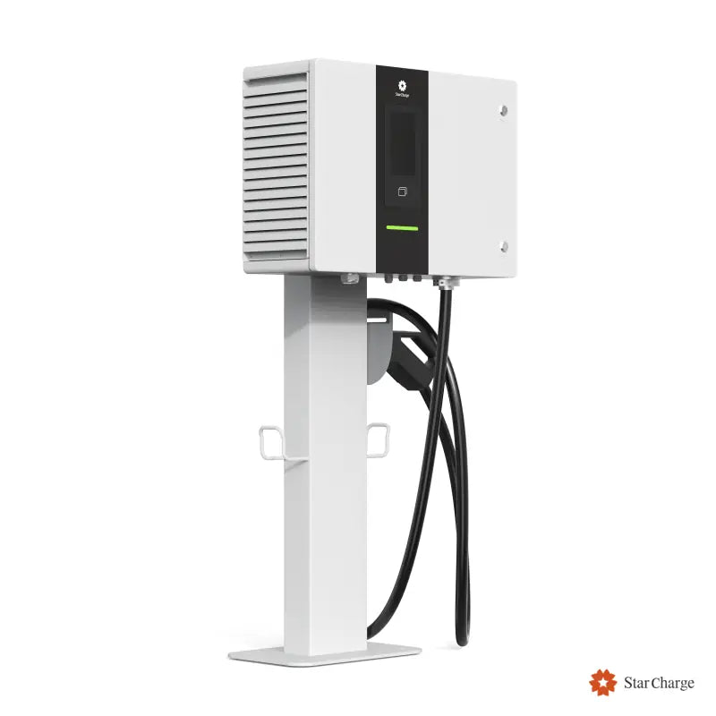 Venus compact DC fast charger left three-quarter view