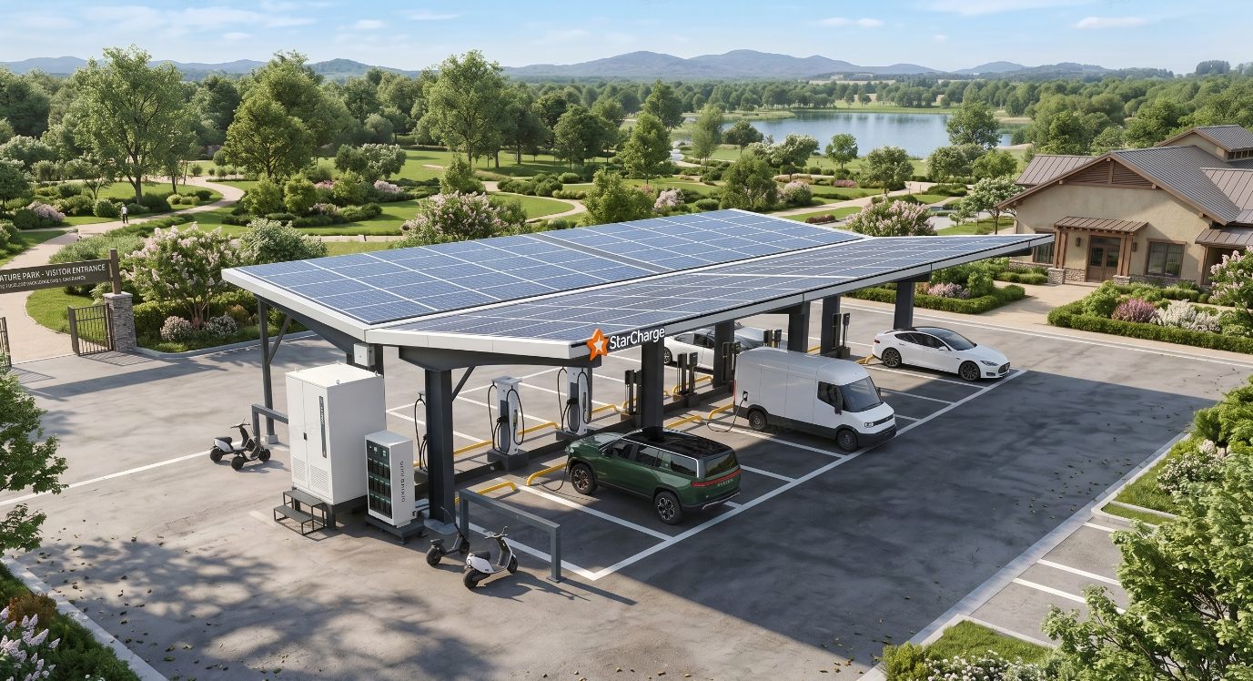 Solar canopy with battery storage and commercial EV charging equipment